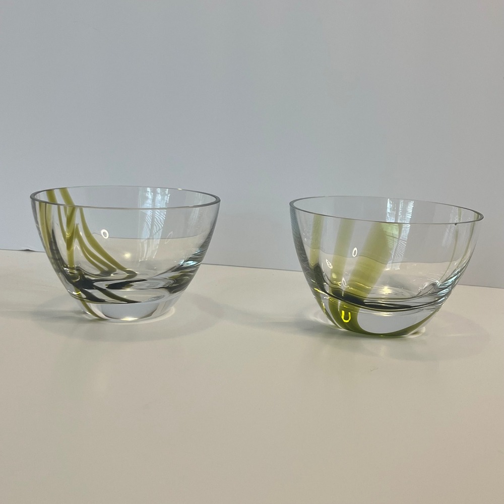 Set of 2‎ Hand Blown Glass Bowls Olive Green Swirl Abstract Art Glass 4.5 inch